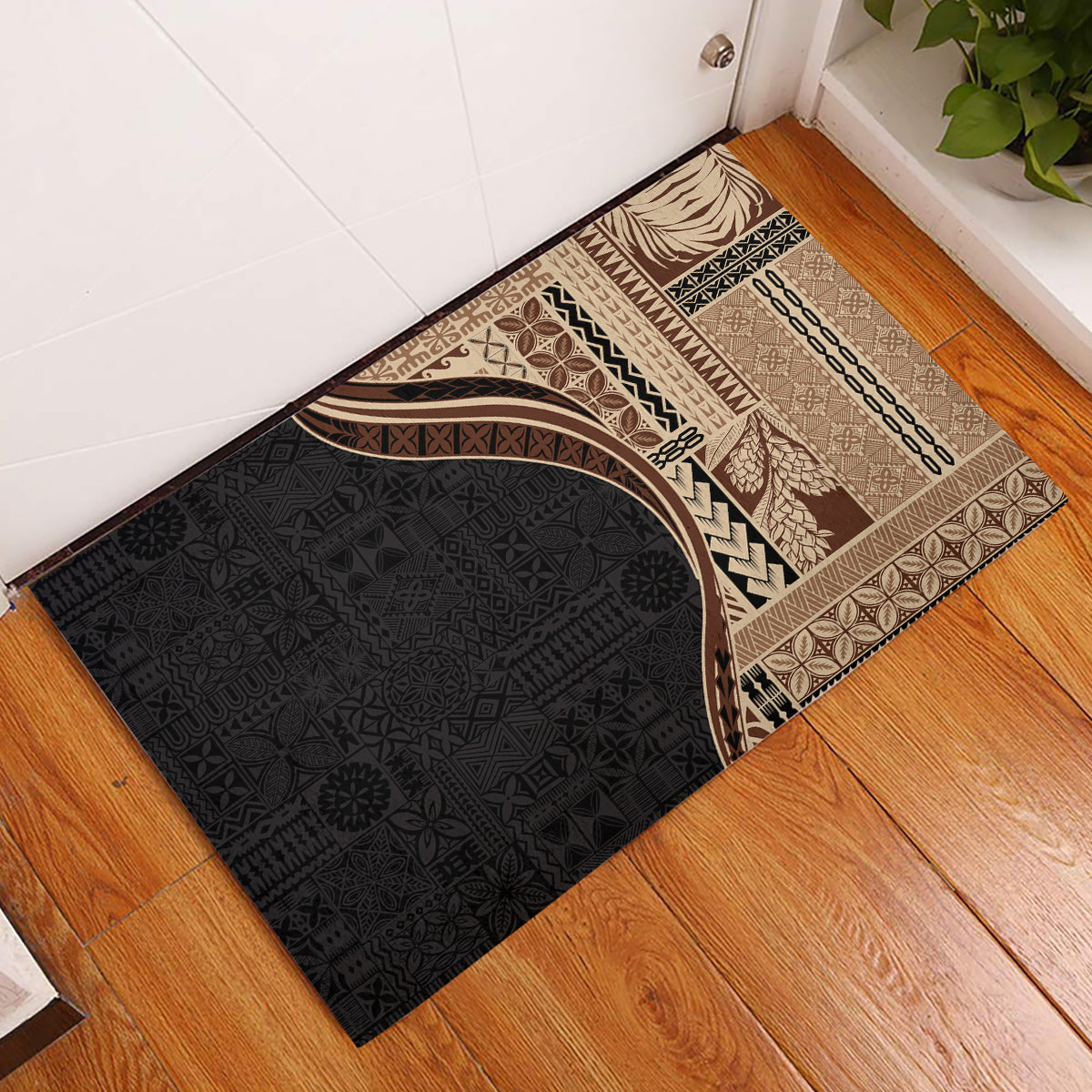 Samoa Siapo Motif and Tapa Pattern Half Style Rubber Doormat Beige Color