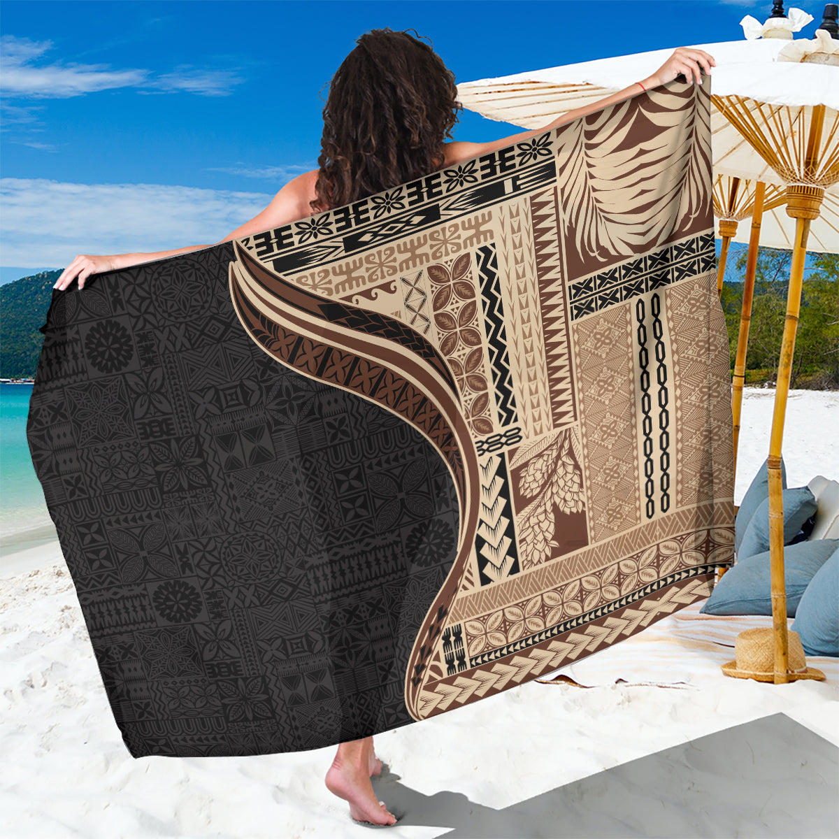 Samoa Siapo Motif and Tapa Pattern Half Style Sarong Beige Color