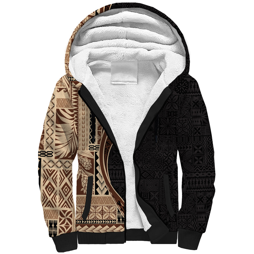 Samoa Siapo Motif and Tapa Pattern Half Style Sherpa Hoodie Beige Color