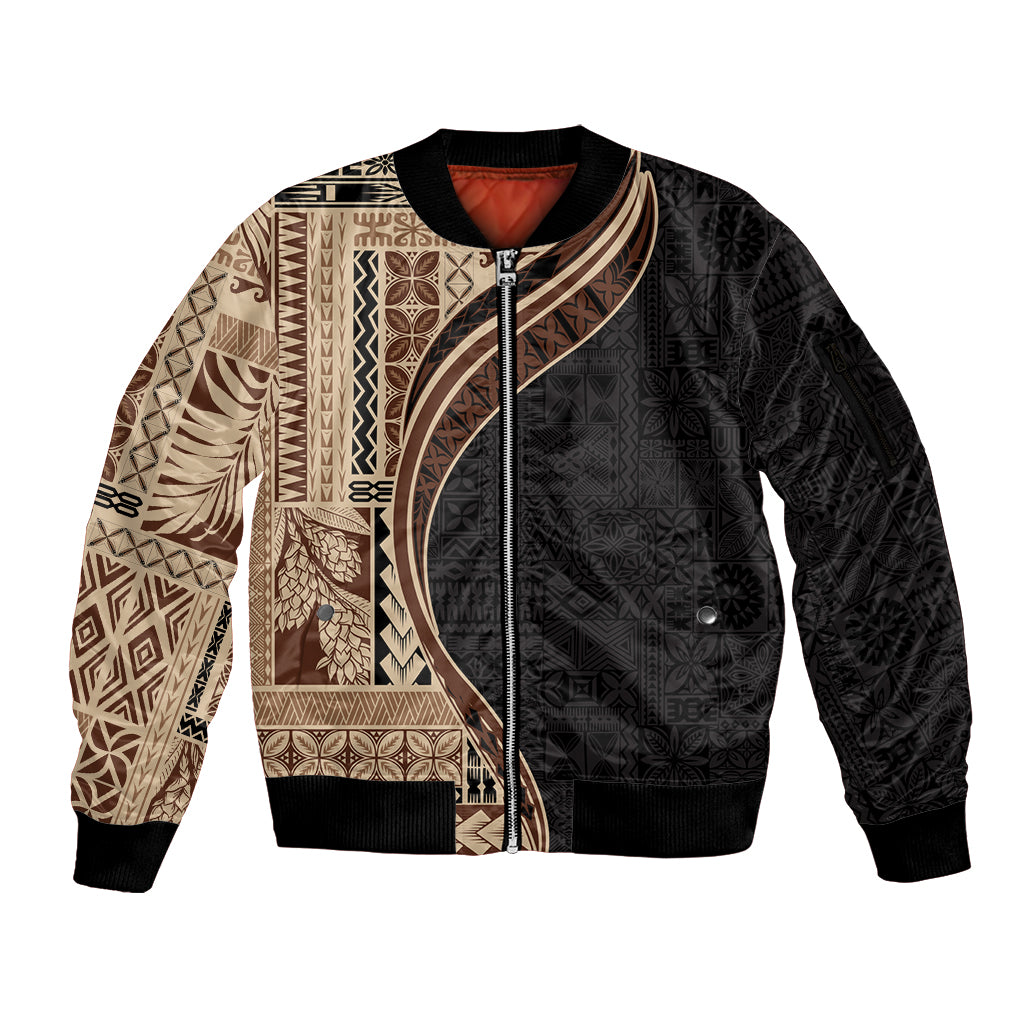 Samoa Siapo Motif and Tapa Pattern Half Style Sleeve Zip Bomber Jacket Beige Color