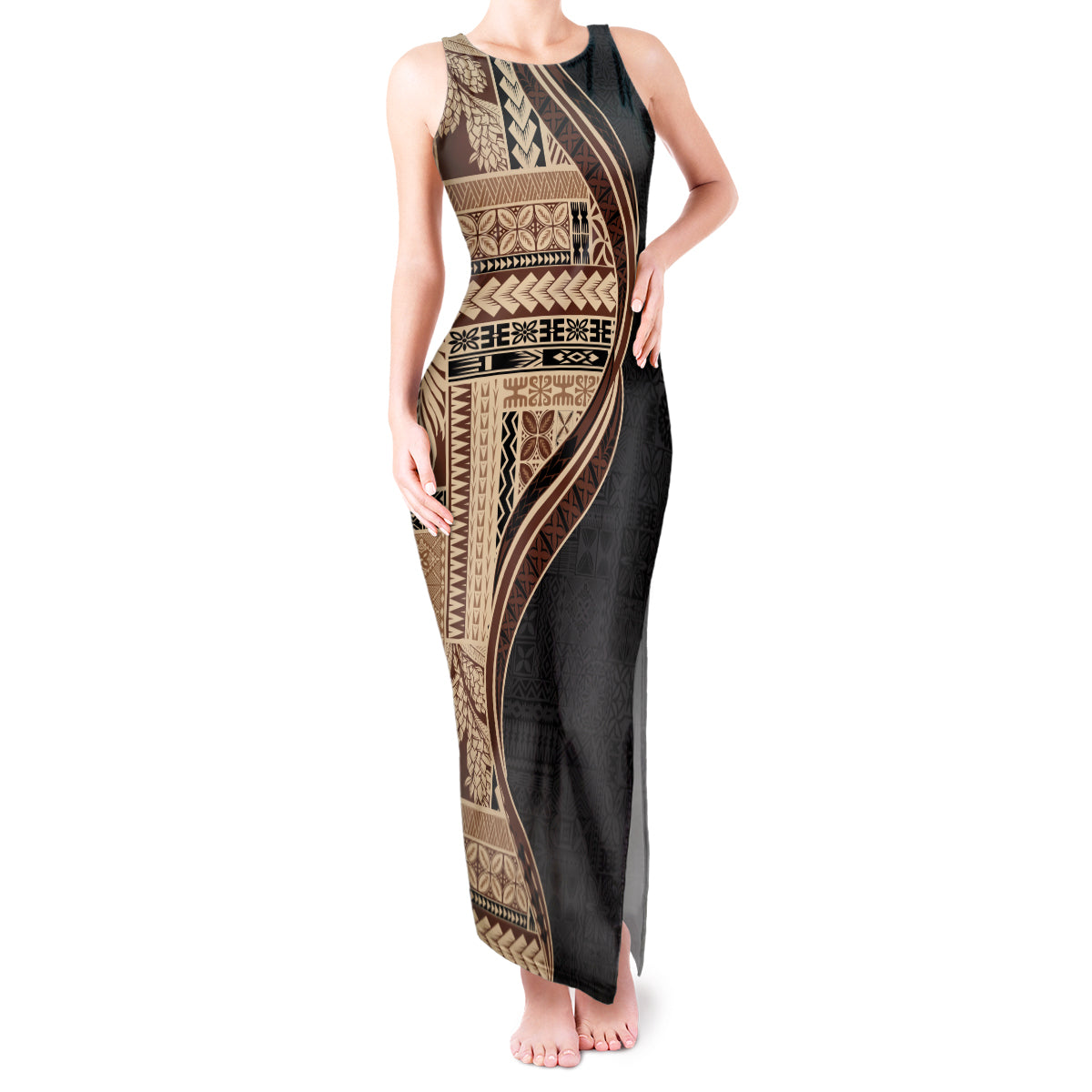 Samoa Siapo Motif and Tapa Pattern Half Style Tank Maxi Dress Beige Color