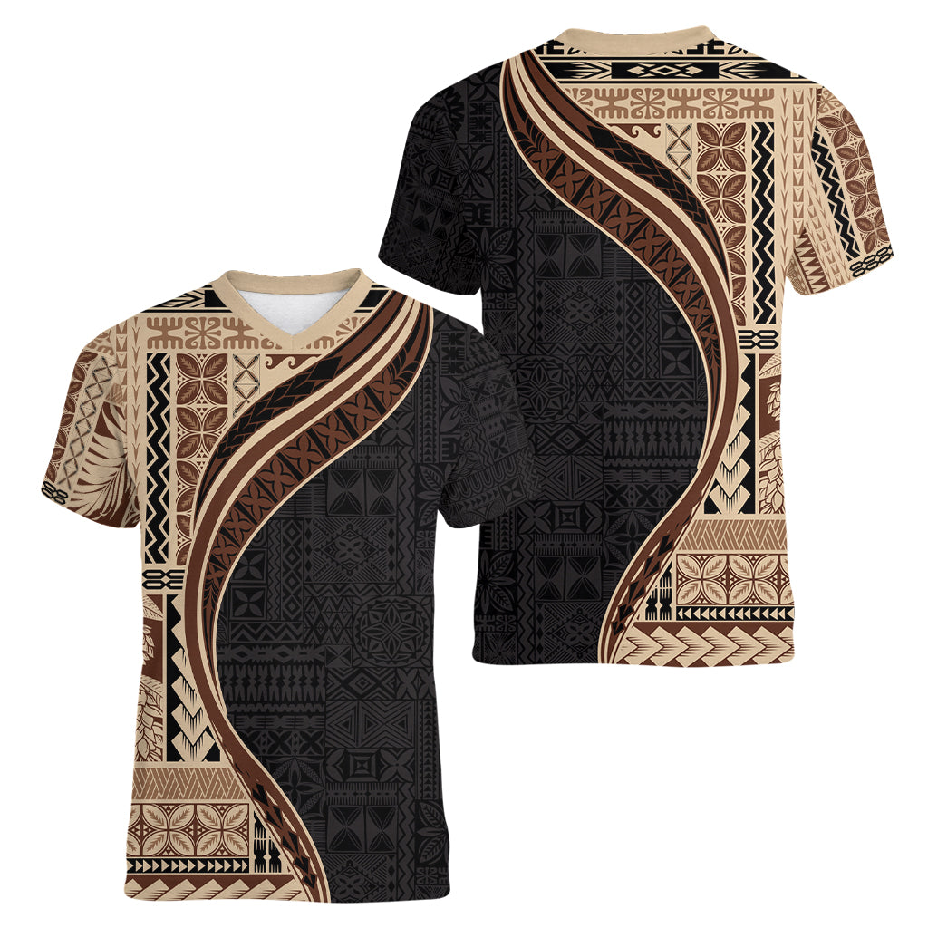 Samoa Siapo Motif and Tapa Pattern Half Style Women V-Neck T-Shirt Beige Color