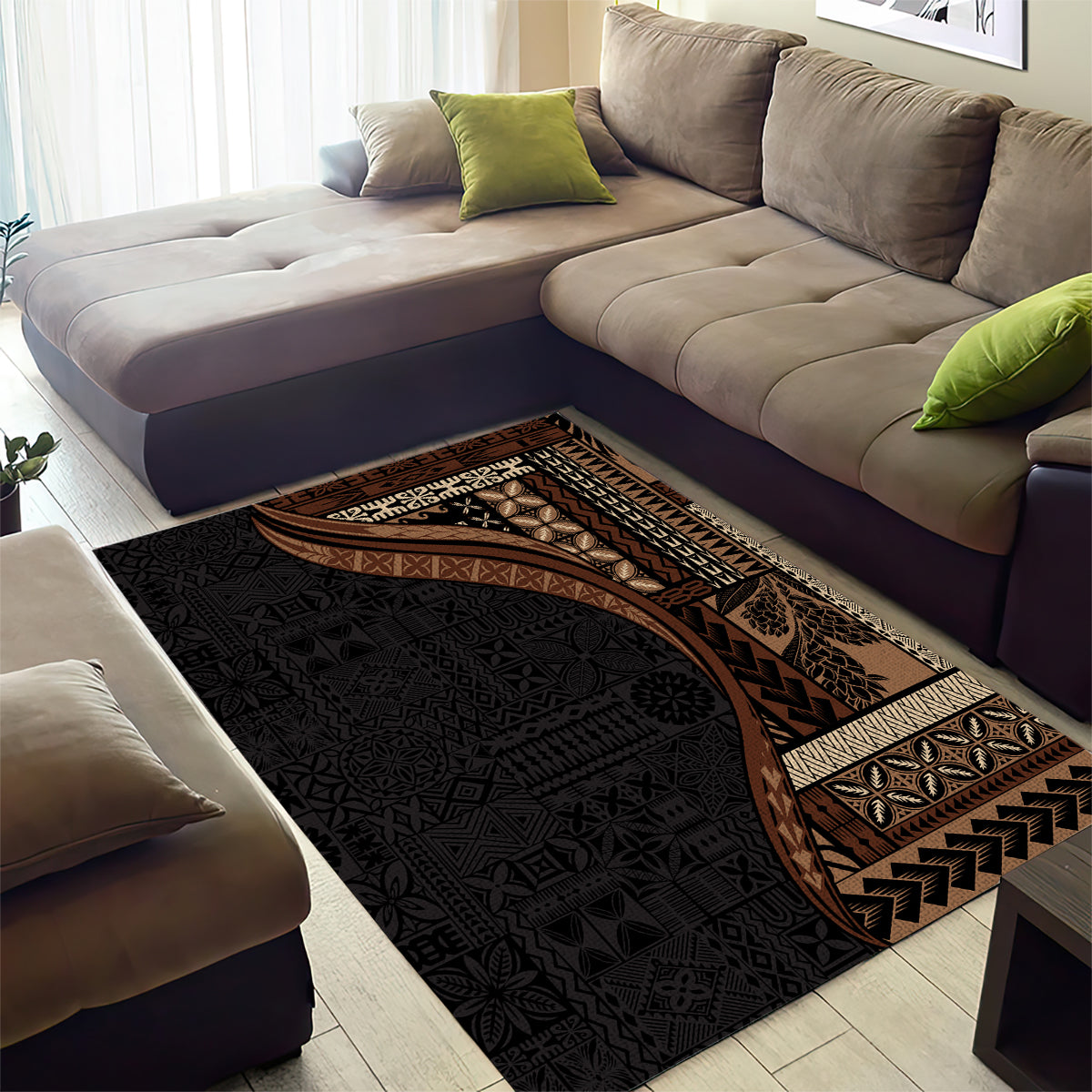 Samoa Siapo Motif and Tapa Pattern Half Style Area Rug Black Color