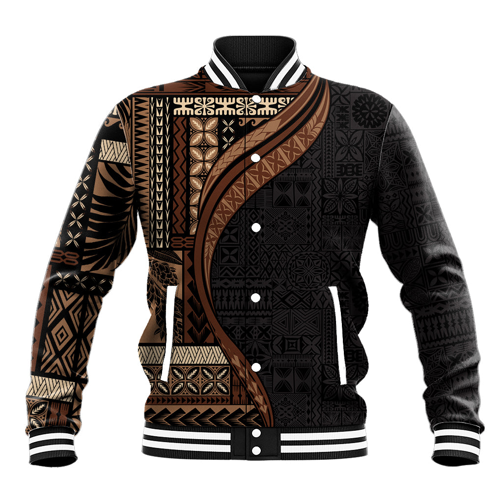 Samoa Siapo Motif and Tapa Pattern Half Style Baseball Jacket Black Color