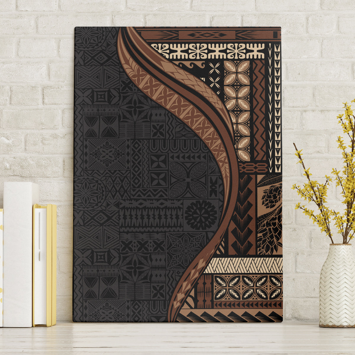 Samoa Siapo Motif and Tapa Pattern Half Style Canvas Wall Art Black Color