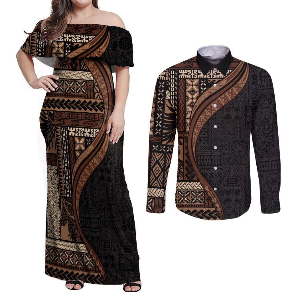 Samoa Siapo Motif and Tapa Pattern Half Style Couples Matching Off Shoulder Maxi Dress and Long Sleeve Button Shirt Black Color