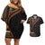 Samoa Siapo Motif and Tapa Pattern Half Style Couples Matching Off Shoulder Short Dress and Hawaiian Shirt Black Color