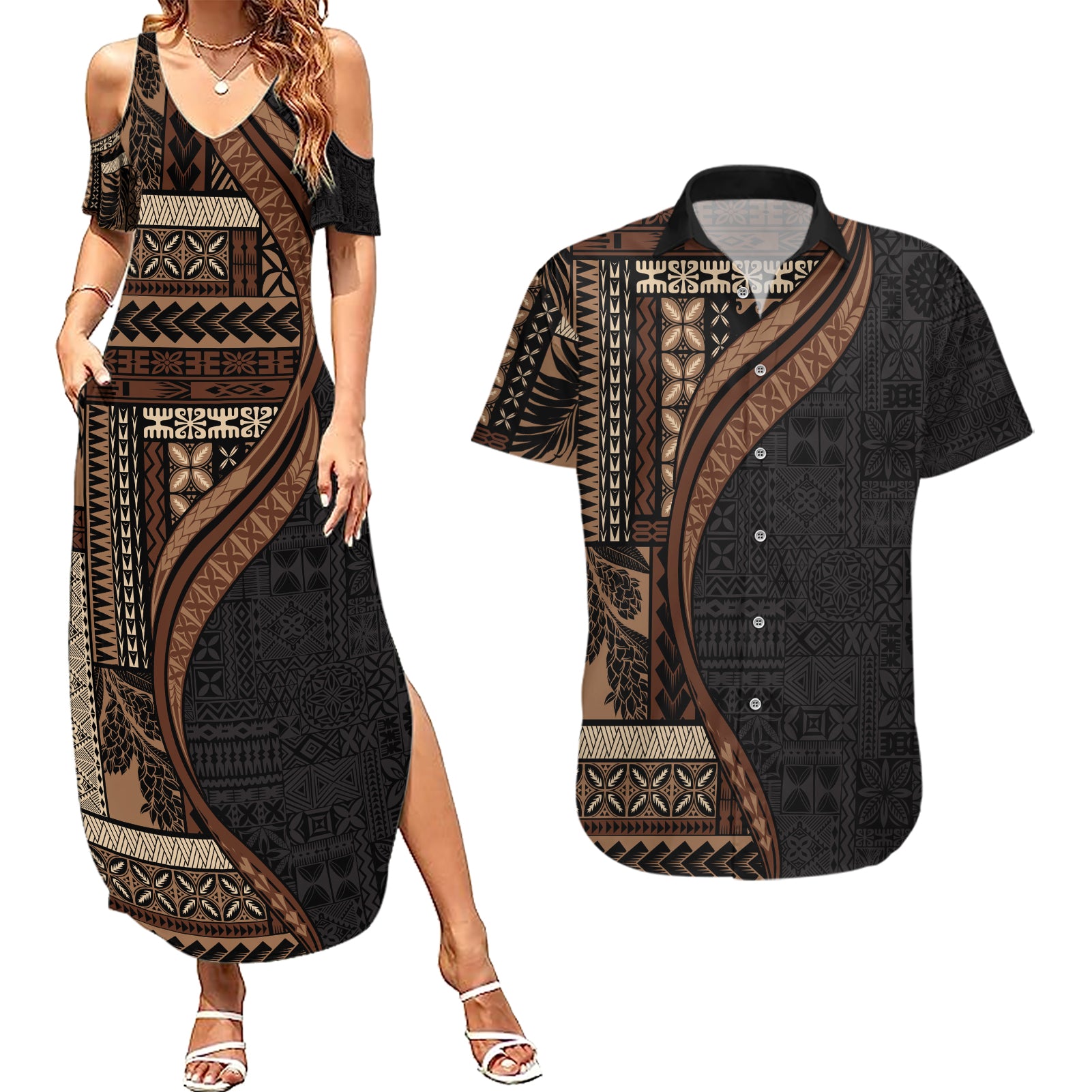 Samoa Siapo Motif and Tapa Pattern Half Style Couples Matching Summer Maxi Dress and Hawaiian Shirt Black Color