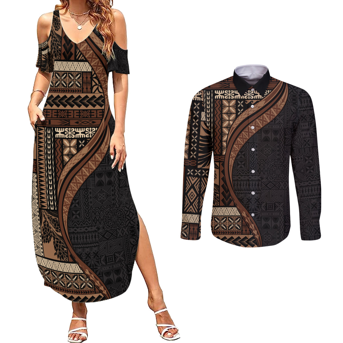 Samoa Siapo Motif and Tapa Pattern Half Style Couples Matching Summer Maxi Dress and Long Sleeve Button Shirt Black Color