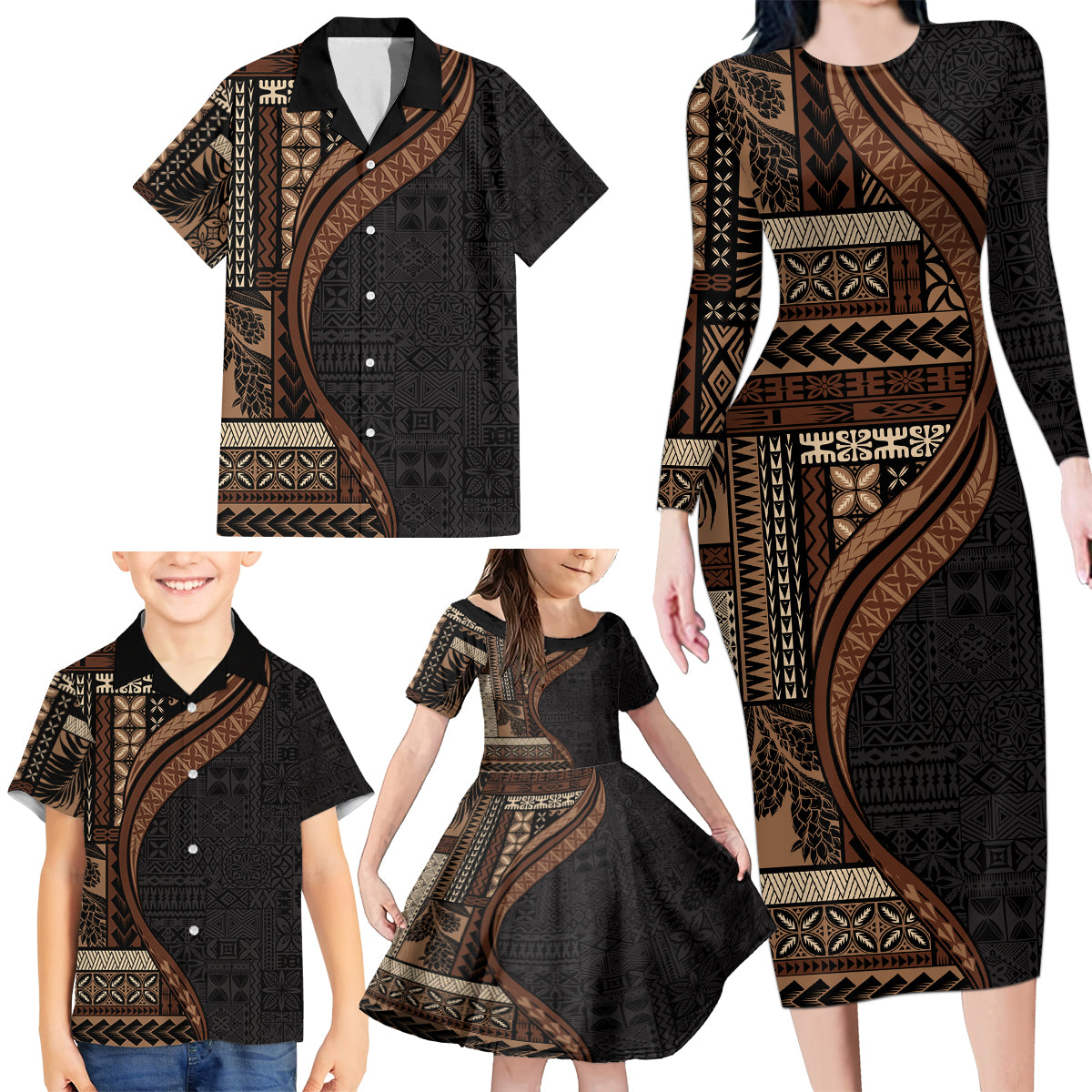 Samoa Siapo Motif and Tapa Pattern Half Style Family Matching Long Sleeve Bodycon Dress and Hawaiian Shirt Black Color