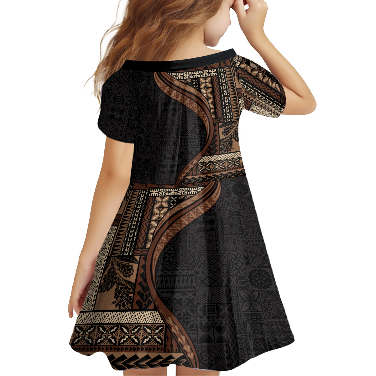 Samoa Siapo Motif and Tapa Pattern Half Style Family Matching Off The Shoulder Long Sleeve Dress and Hawaiian Shirt Black Color
