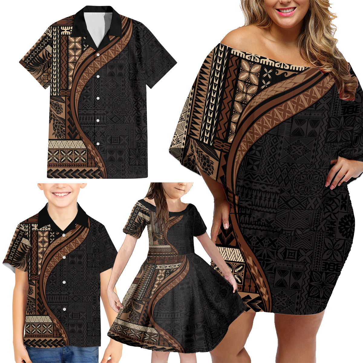 Samoa Siapo Motif and Tapa Pattern Half Style Family Matching Off Shoulder Short Dress and Hawaiian Shirt Black Color