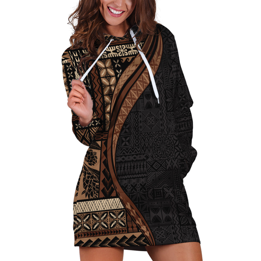 Samoa Siapo Motif and Tapa Pattern Half Style Hoodie Dress Black Color