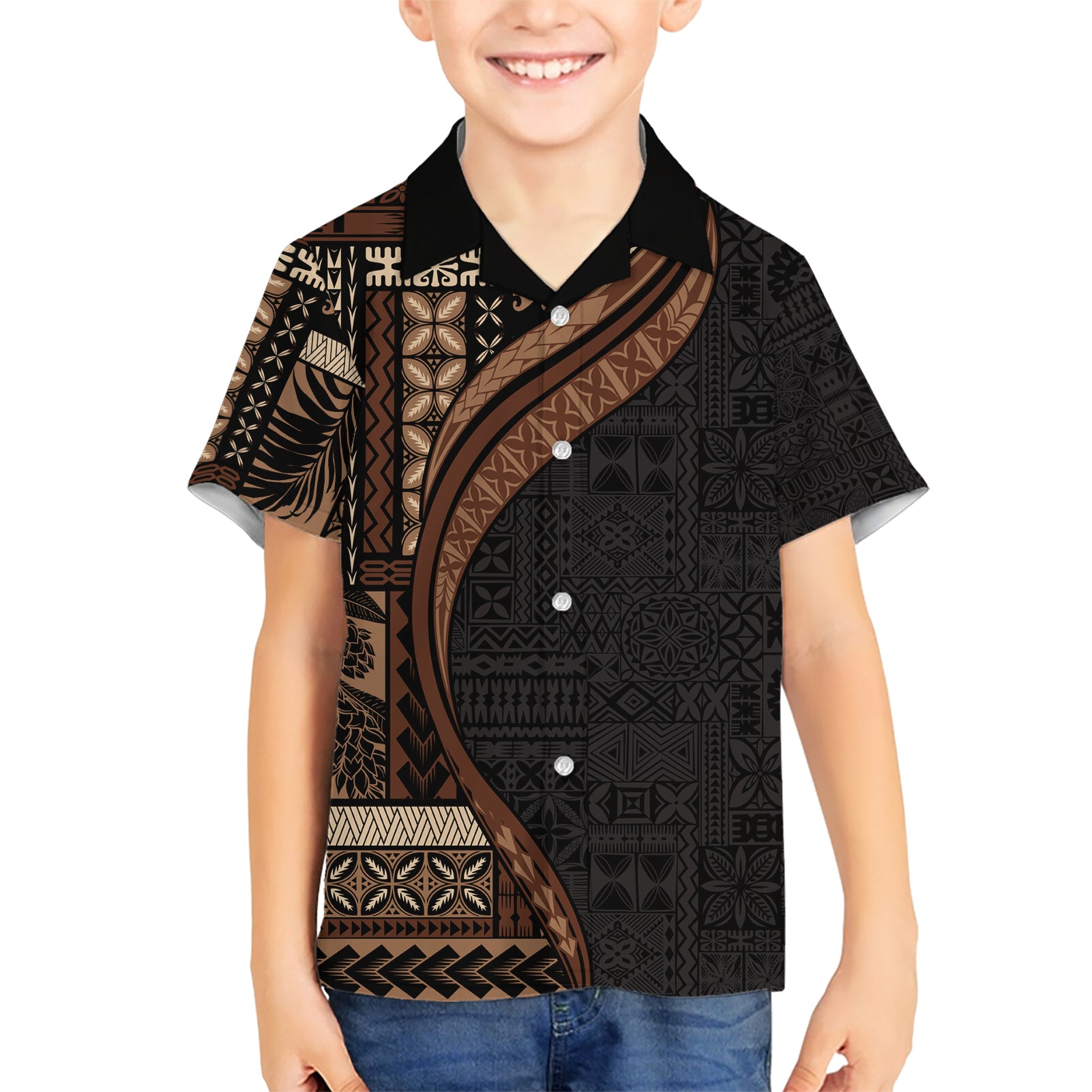 Samoa Siapo Motif and Tapa Pattern Half Style Kid Hawaiian Shirt Black Color