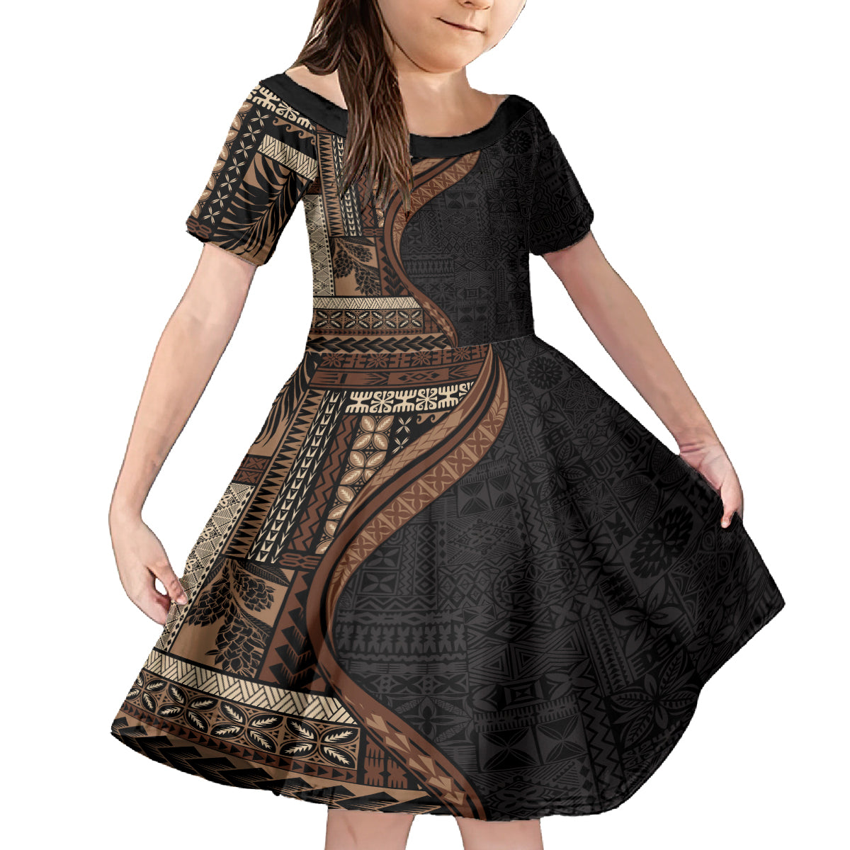 Samoa Siapo Motif and Tapa Pattern Half Style Kid Short Sleeve Dress Black Color