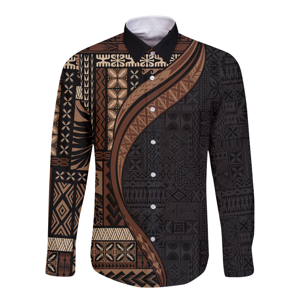 Samoa Siapo Motif and Tapa Pattern Half Style Long Sleeve Button Shirt Black Color