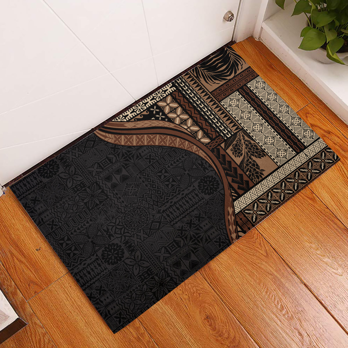 Samoa Siapo Motif and Tapa Pattern Half Style Rubber Doormat Black Color