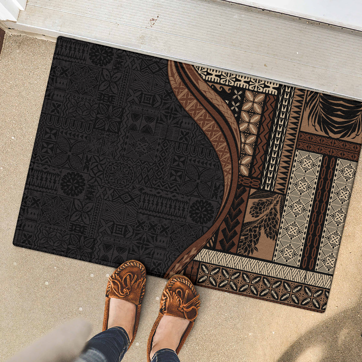 Samoa Siapo Motif and Tapa Pattern Half Style Rubber Doormat Black Color