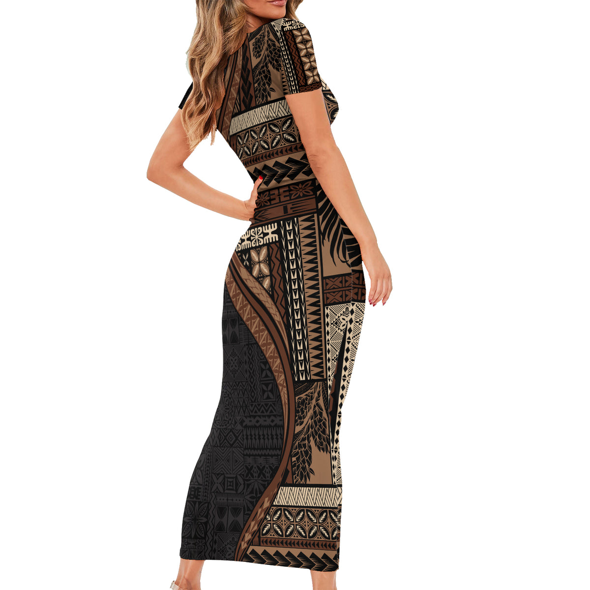 Samoa Siapo Motif and Tapa Pattern Half Style Short Sleeve Bodycon Dress Black Color