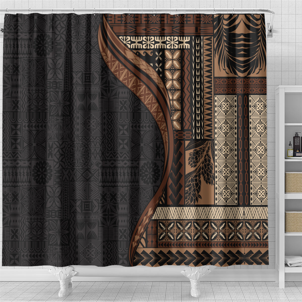 Samoa Siapo Motif and Tapa Pattern Half Style Shower Curtain Black Color