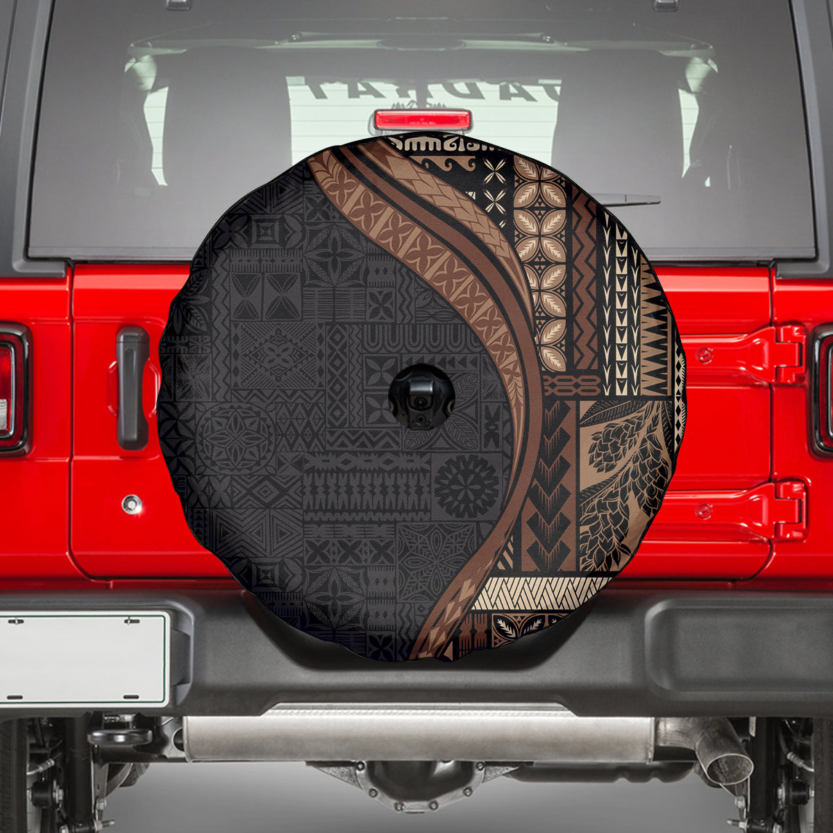 Samoa Siapo Motif and Tapa Pattern Half Style Spare Tire Cover Black Color