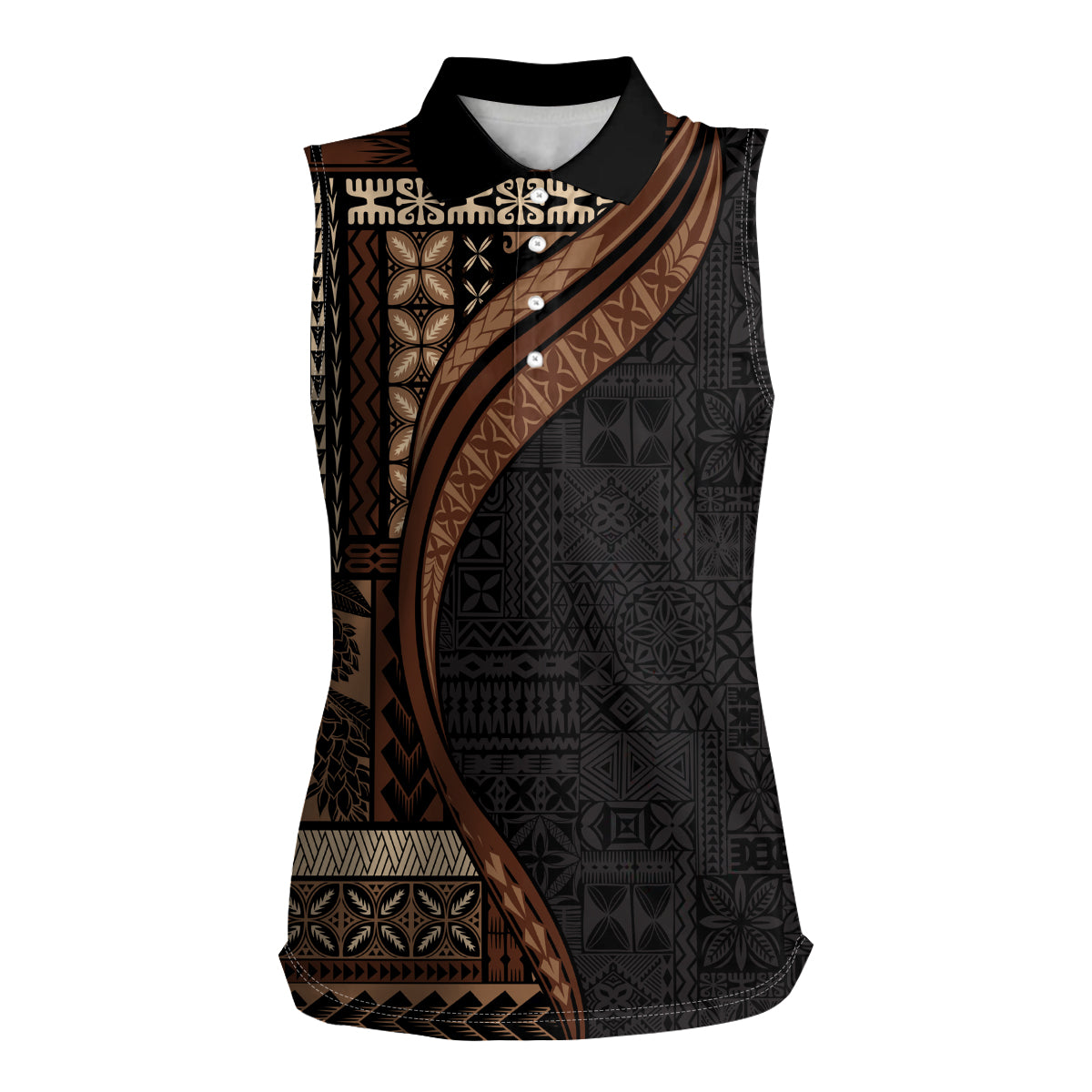 Samoa Siapo Motif and Tapa Pattern Half Style Women Sleeveless Polo Shirt Black Color