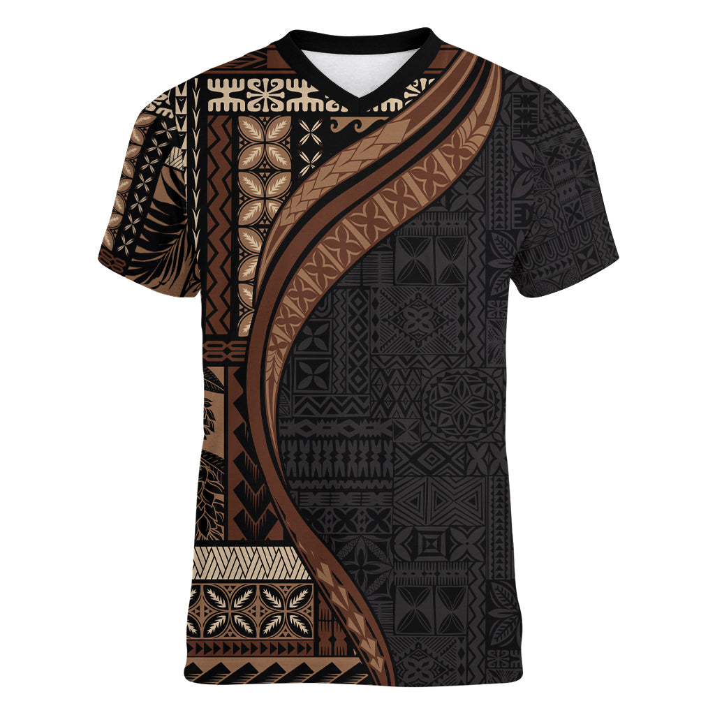 Samoa Siapo Motif and Tapa Pattern Half Style Women V-Neck T-Shirt Black Color