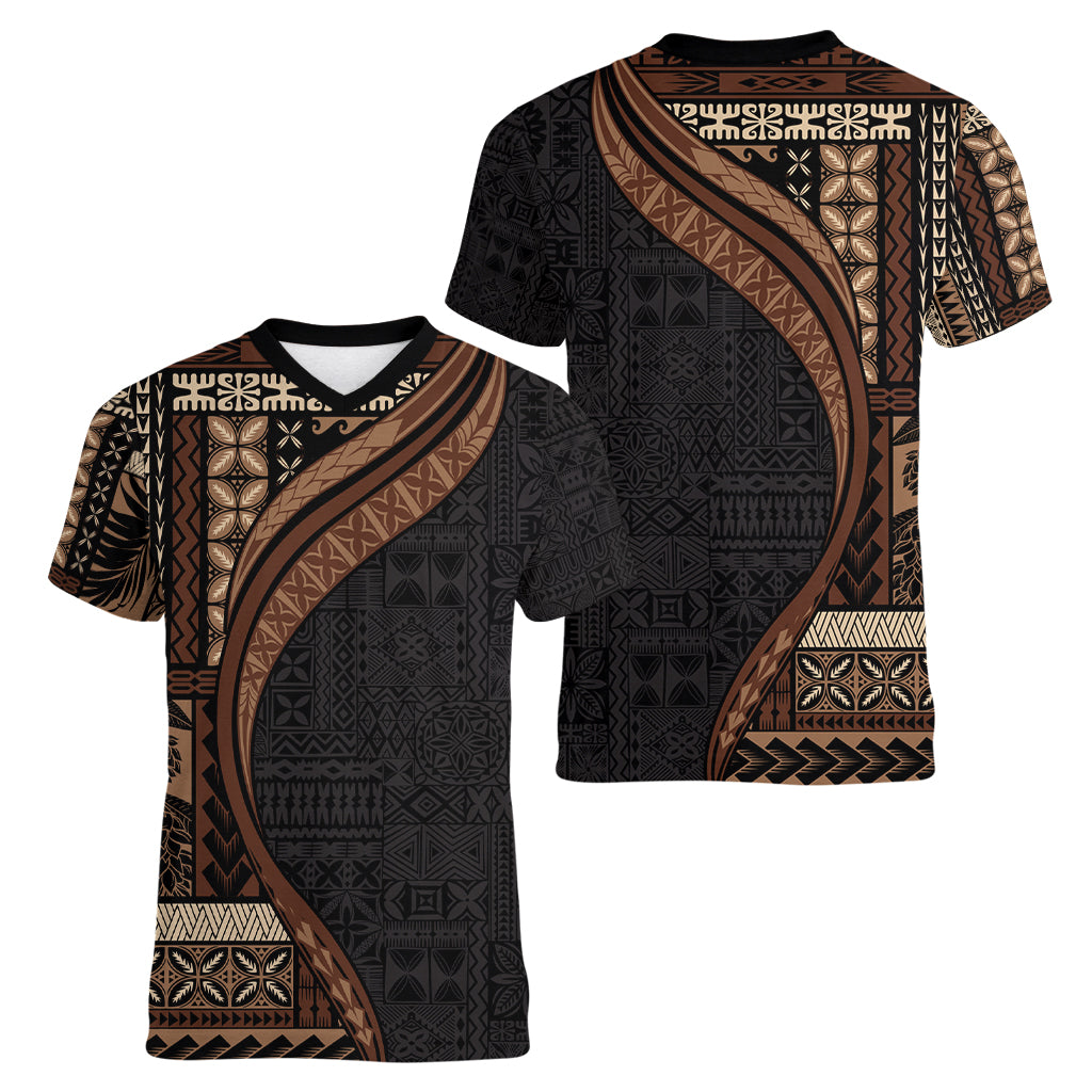 Samoa Siapo Motif and Tapa Pattern Half Style Women V-Neck T-Shirt Black Color