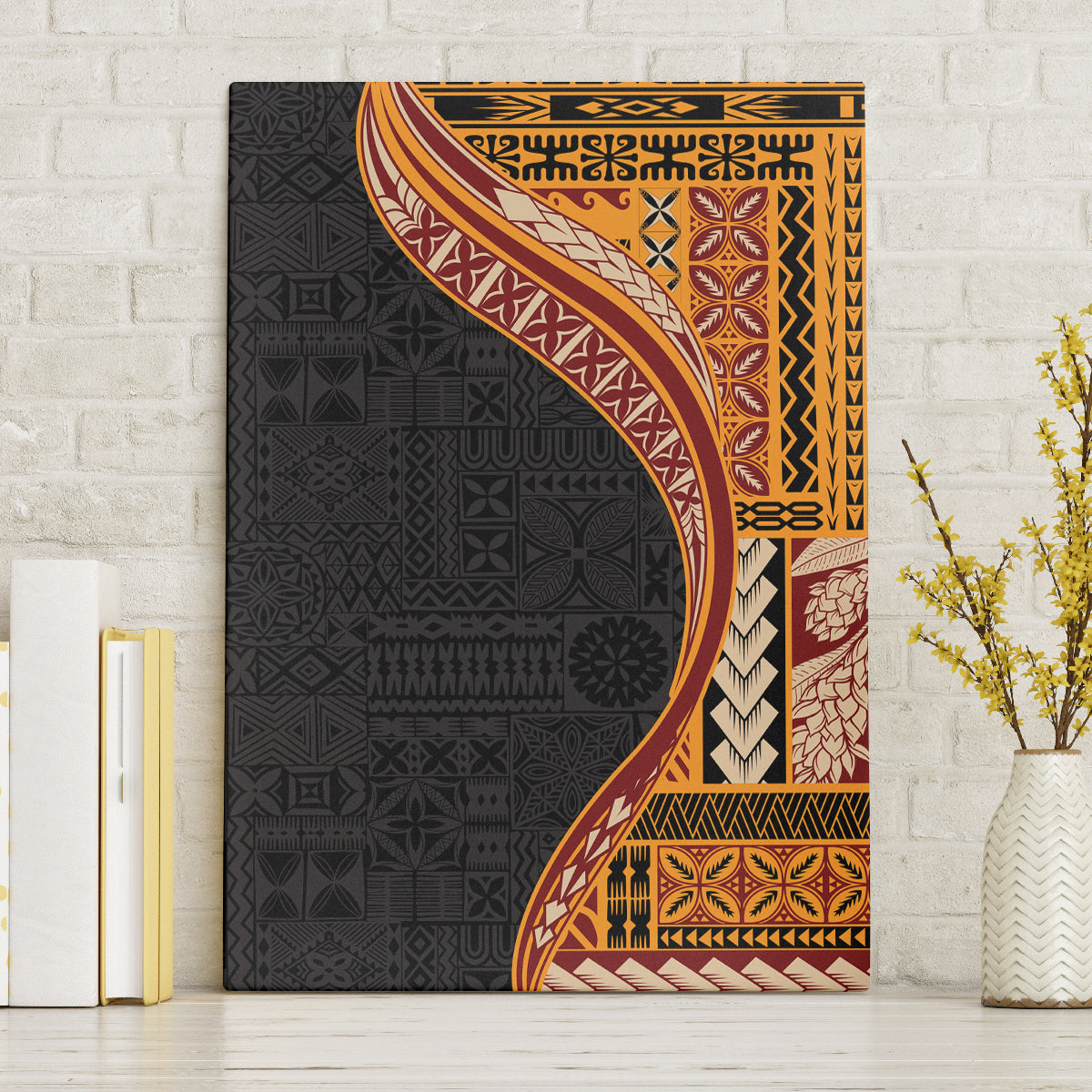 Samoa Siapo Motif and Tapa Pattern Half Style Canvas Wall Art Yellow Color