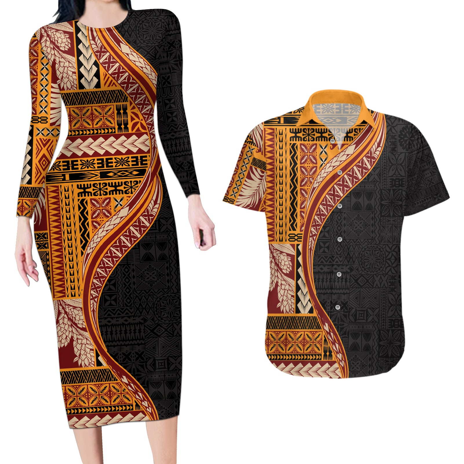 Samoa Siapo Motif and Tapa Pattern Half Style Couples Matching Long Sleeve Bodycon Dress and Hawaiian Shirt Yellow Color