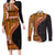 Samoa Siapo Motif and Tapa Pattern Half Style Couples Matching Long Sleeve Bodycon Dress and Long Sleeve Button Shirt Yellow Color