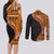 Samoa Siapo Motif and Tapa Pattern Half Style Couples Matching Long Sleeve Bodycon Dress and Long Sleeve Button Shirt Yellow Color