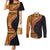 Samoa Siapo Motif and Tapa Pattern Half Style Couples Matching Mermaid Dress and Long Sleeve Button Shirt Yellow Color