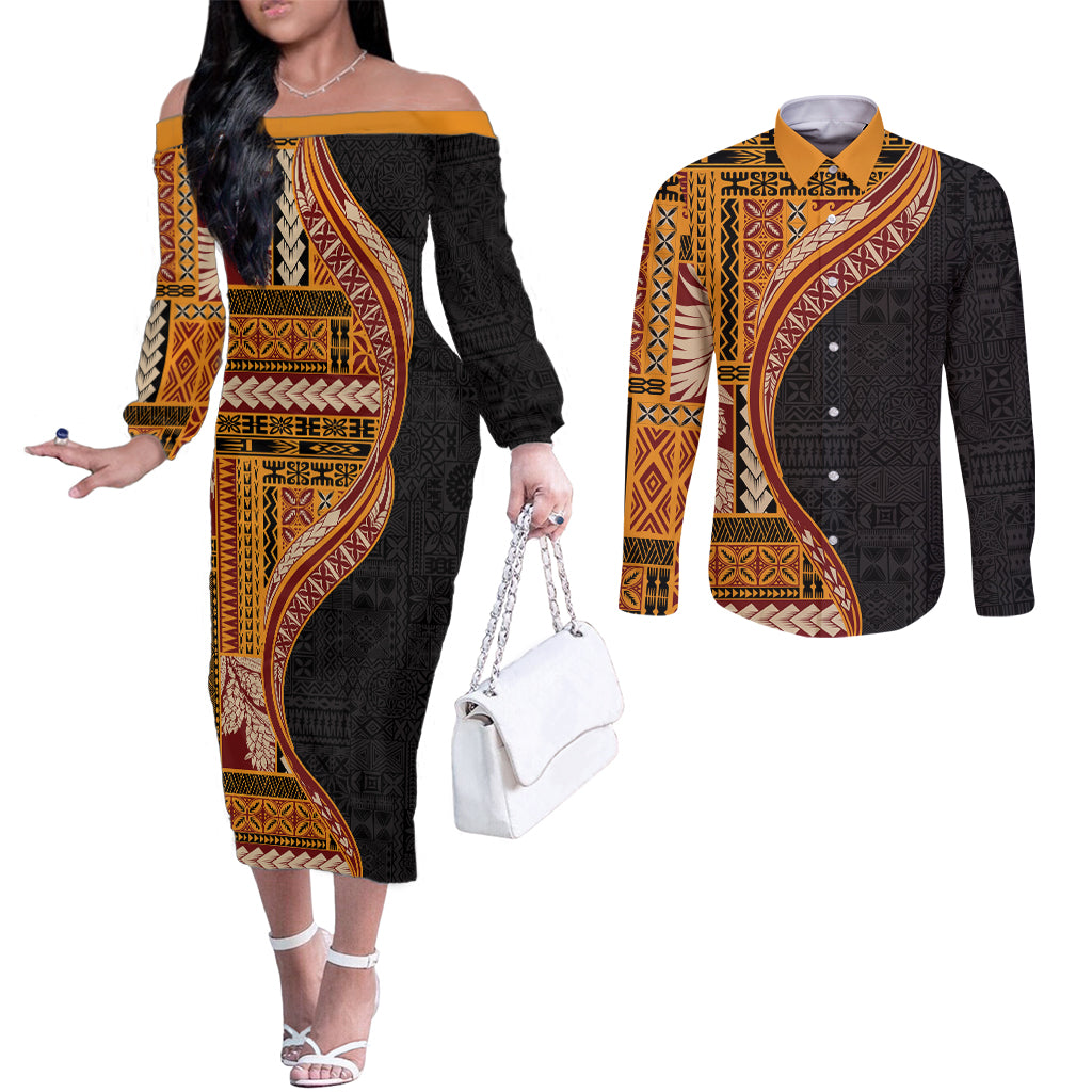 Samoa Siapo Motif and Tapa Pattern Half Style Couples Matching Off The Shoulder Long Sleeve Dress and Long Sleeve Button Shirt Yellow Color