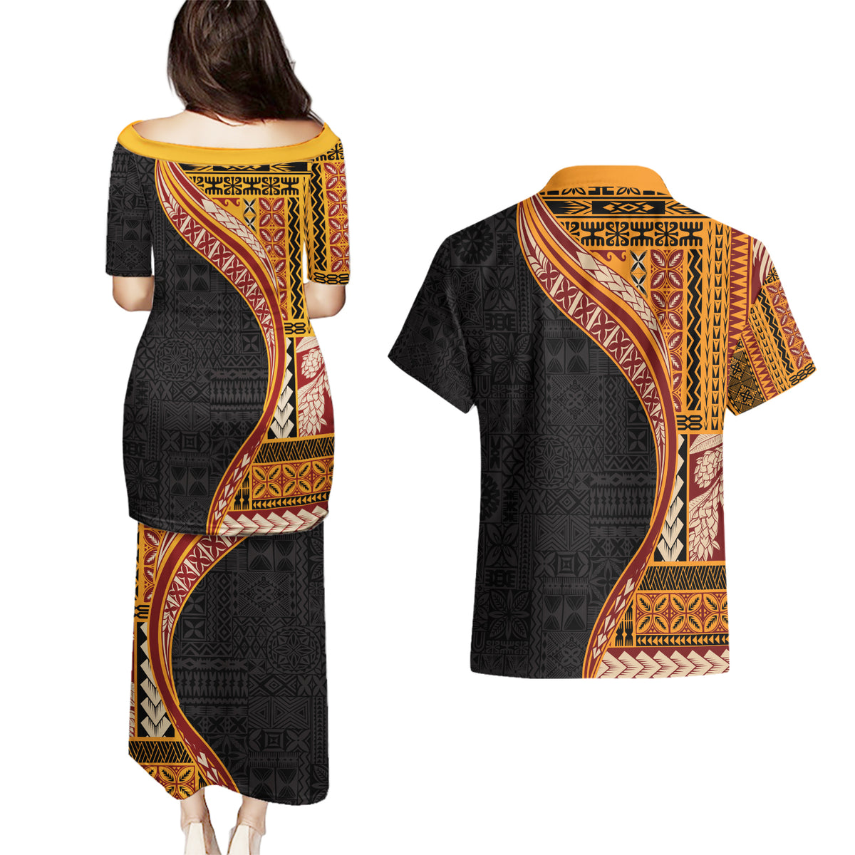 Samoa Siapo Motif and Tapa Pattern Half Style Couples Matching Puletasi and Hawaiian Shirt Yellow Color