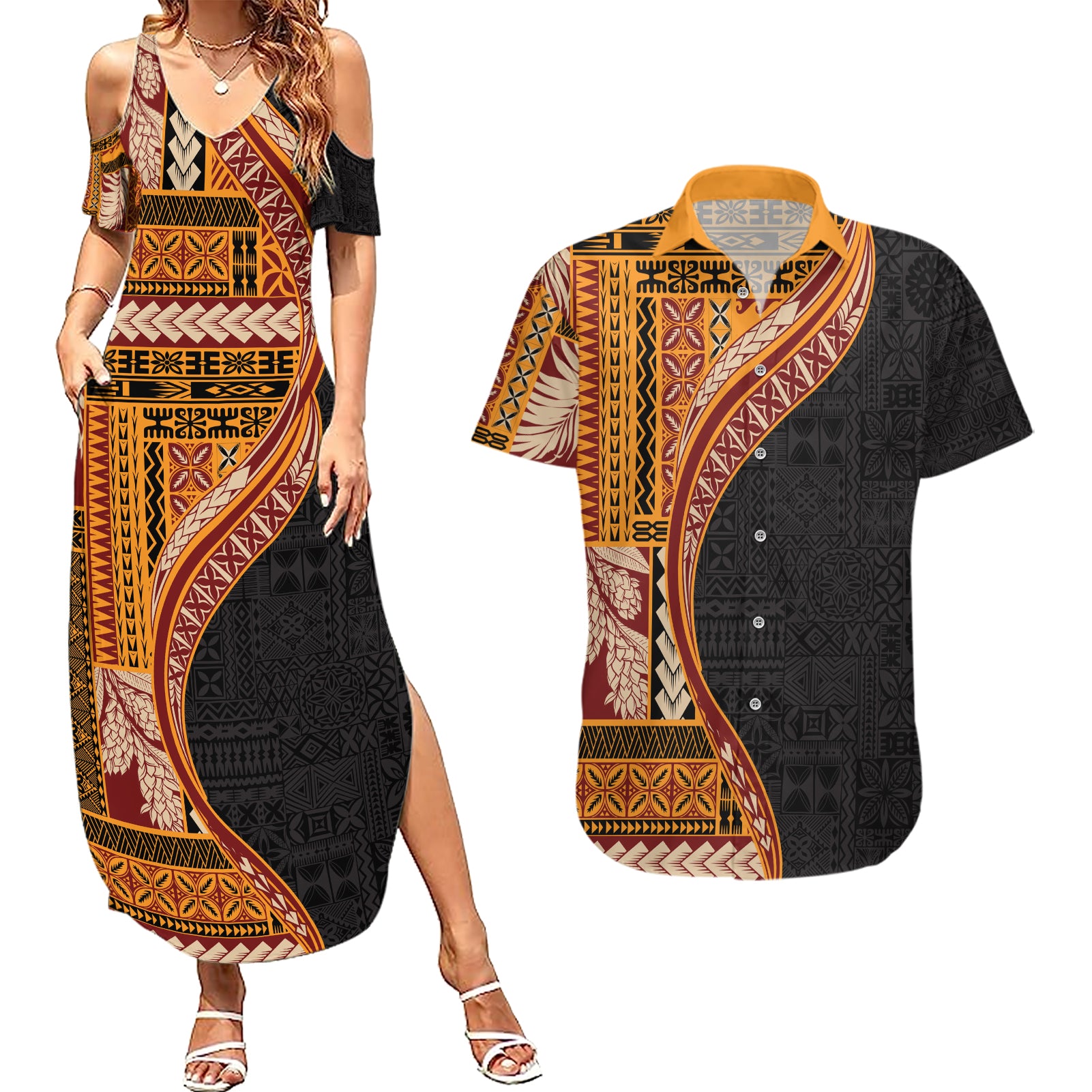 Samoa Siapo Motif and Tapa Pattern Half Style Couples Matching Summer Maxi Dress and Hawaiian Shirt Yellow Color