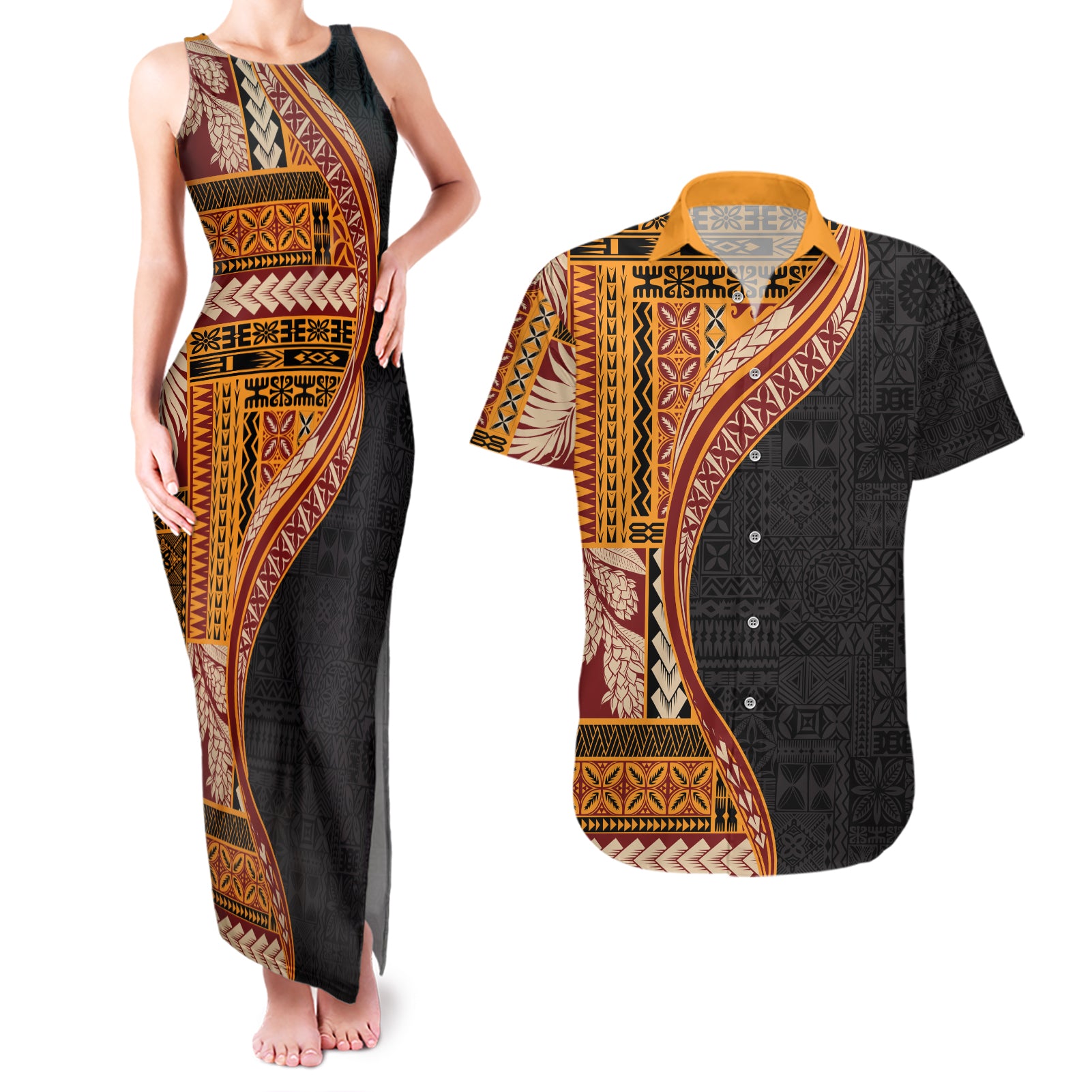 Samoa Siapo Motif and Tapa Pattern Half Style Couples Matching Tank Maxi Dress and Hawaiian Shirt Yellow Color