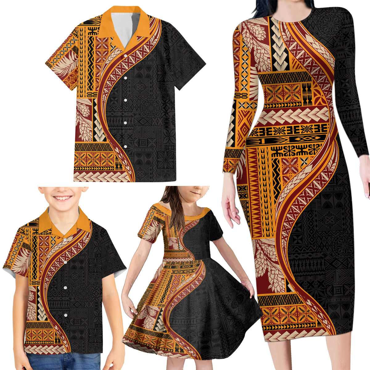 Samoa Siapo Motif and Tapa Pattern Half Style Family Matching Long Sleeve Bodycon Dress and Hawaiian Shirt Yellow Color