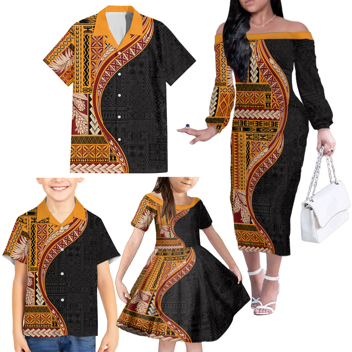 Samoa Siapo Motif and Tapa Pattern Half Style Family Matching Off The Shoulder Long Sleeve Dress and Hawaiian Shirt Yellow Color