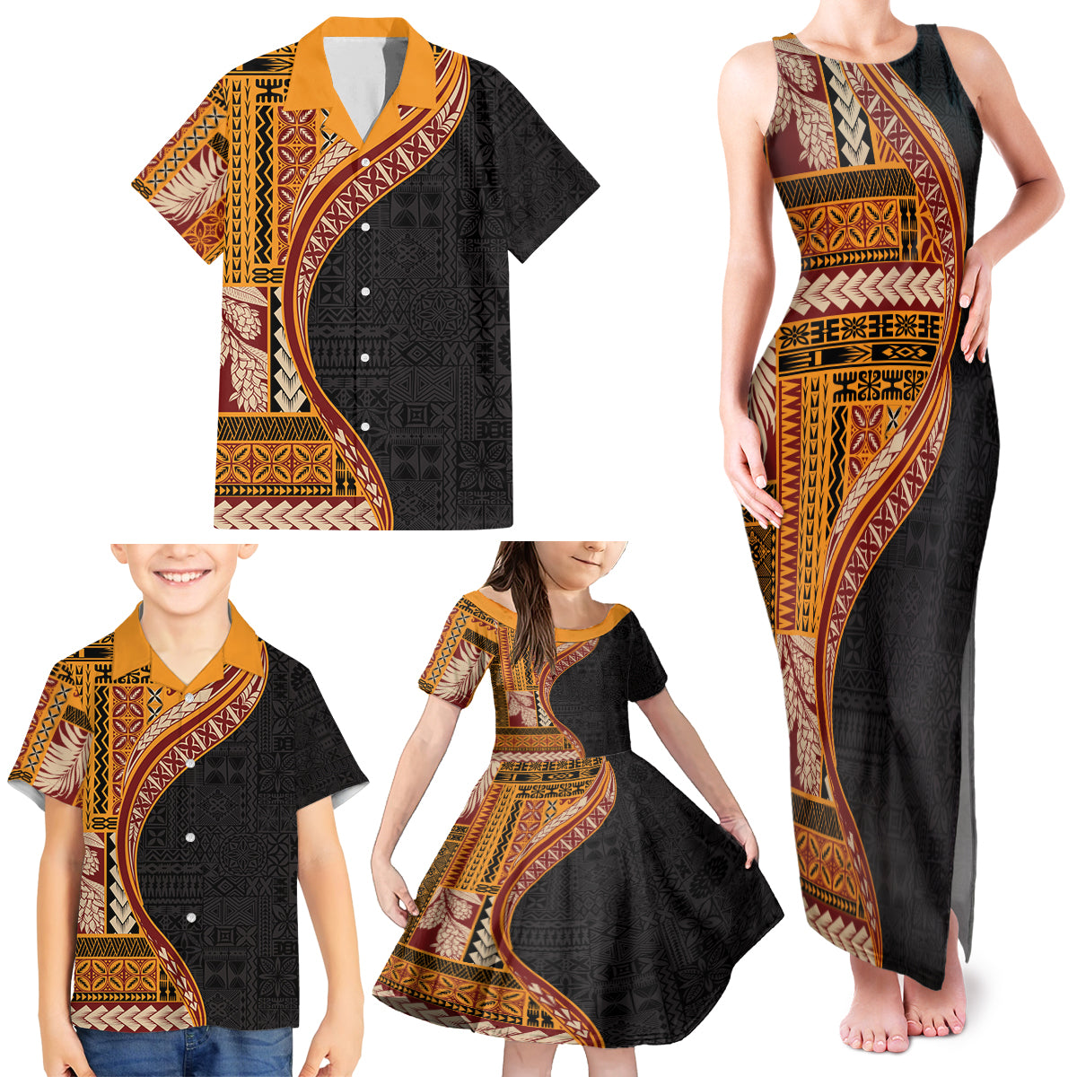 Samoa Siapo Motif and Tapa Pattern Half Style Family Matching Tank Maxi Dress and Hawaiian Shirt Yellow Color