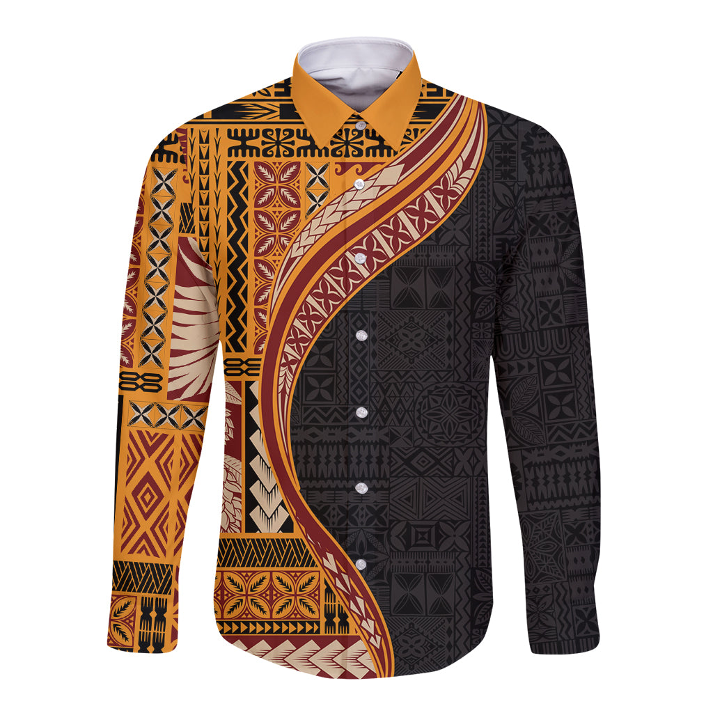 Samoa Siapo Motif and Tapa Pattern Half Style Long Sleeve Button Shirt Yellow Color