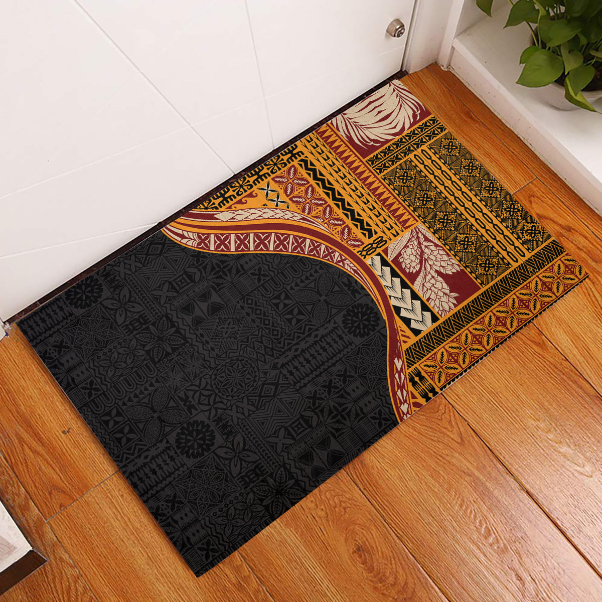 Samoa Siapo Motif and Tapa Pattern Half Style Rubber Doormat Yellow Color