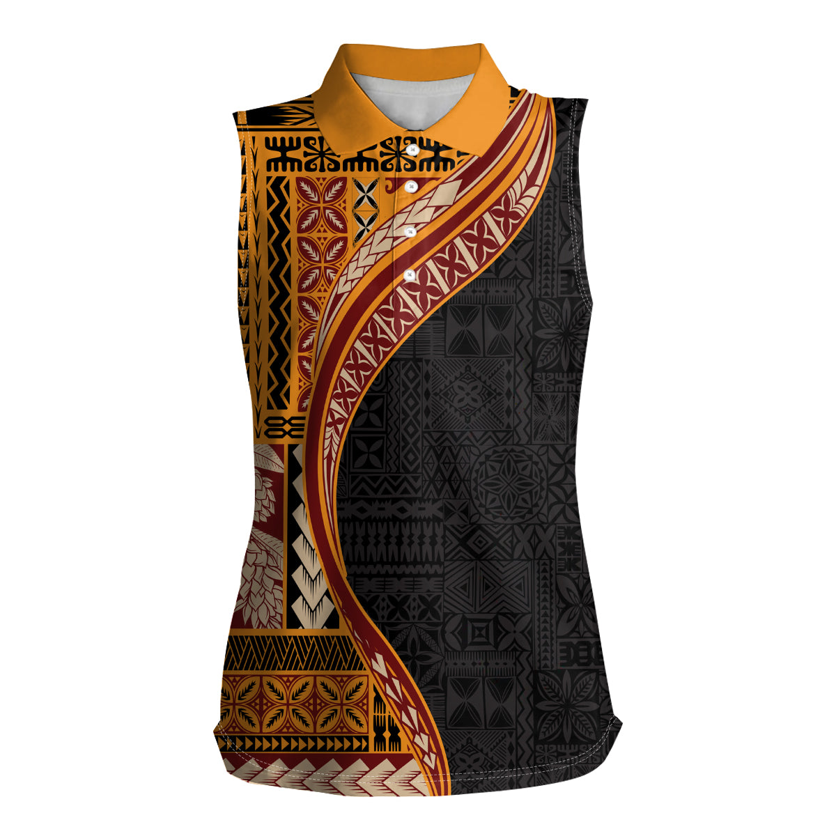 Samoa Siapo Motif and Tapa Pattern Half Style Women Sleeveless Polo Shirt Yellow Color