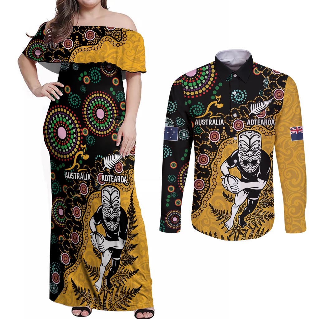 Custom New Zealand and Australia Rugby Couples Matching Off Shoulder Maxi Dress and Long Sleeve Button Shirt Maori Warrior With Aboriginal Version
