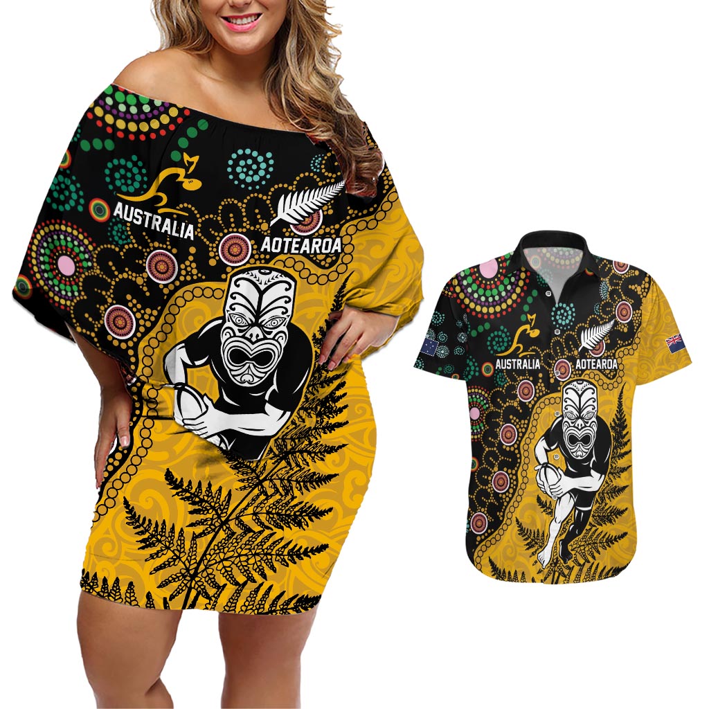 Custom New Zealand and Australia Rugby Couples Matching Off Shoulder Short Dress and Hawaiian Shirt Maori Warrior With Aboriginal Version