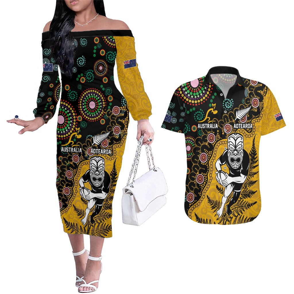 Custom New Zealand and Australia Rugby Couples Matching Off The Shoulder Long Sleeve Dress and Hawaiian Shirt Maori Warrior With Aboriginal Version