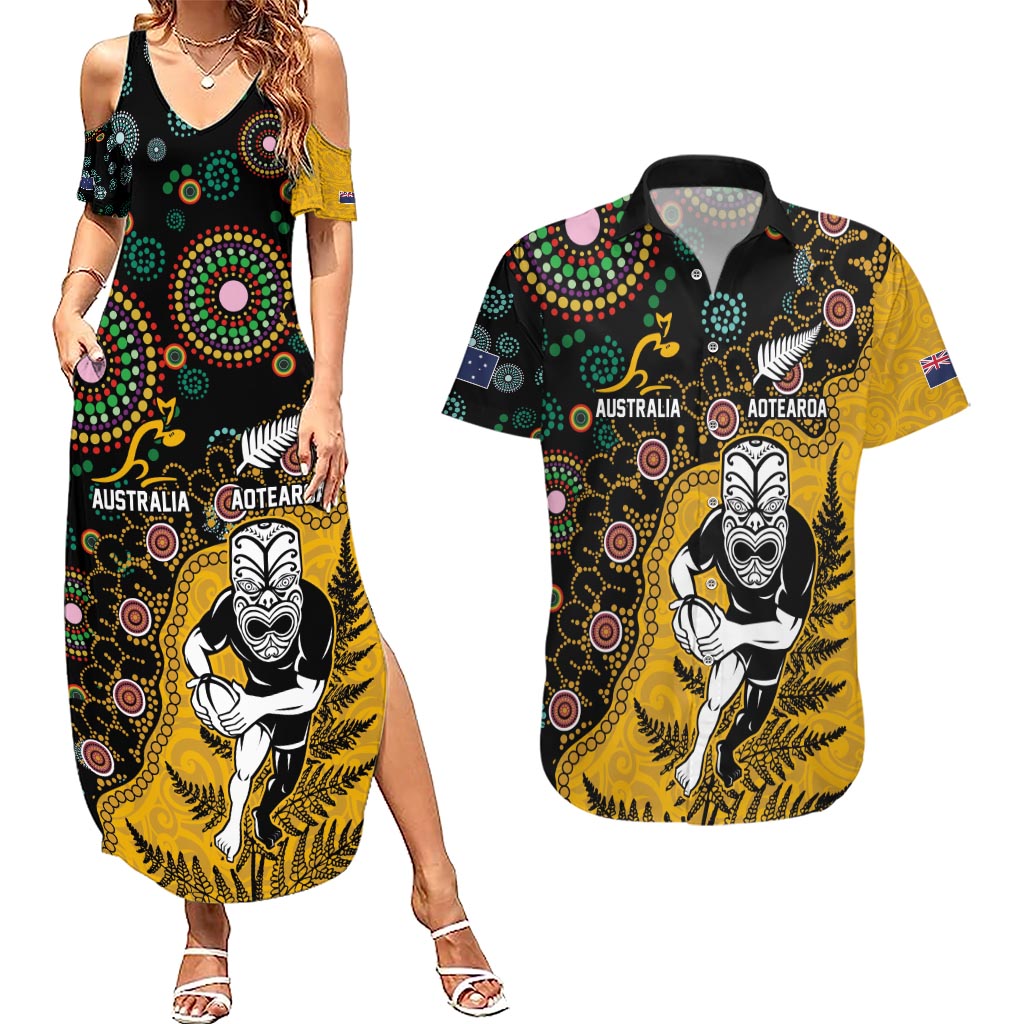 Custom New Zealand and Australia Rugby Couples Matching Summer Maxi Dress and Hawaiian Shirt Maori Warrior With Aboriginal Version