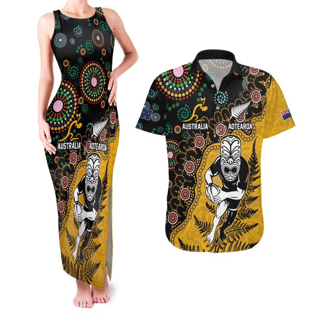 Custom New Zealand and Australia Rugby Couples Matching Tank Maxi Dress and Hawaiian Shirt Maori Warrior With Aboriginal Version