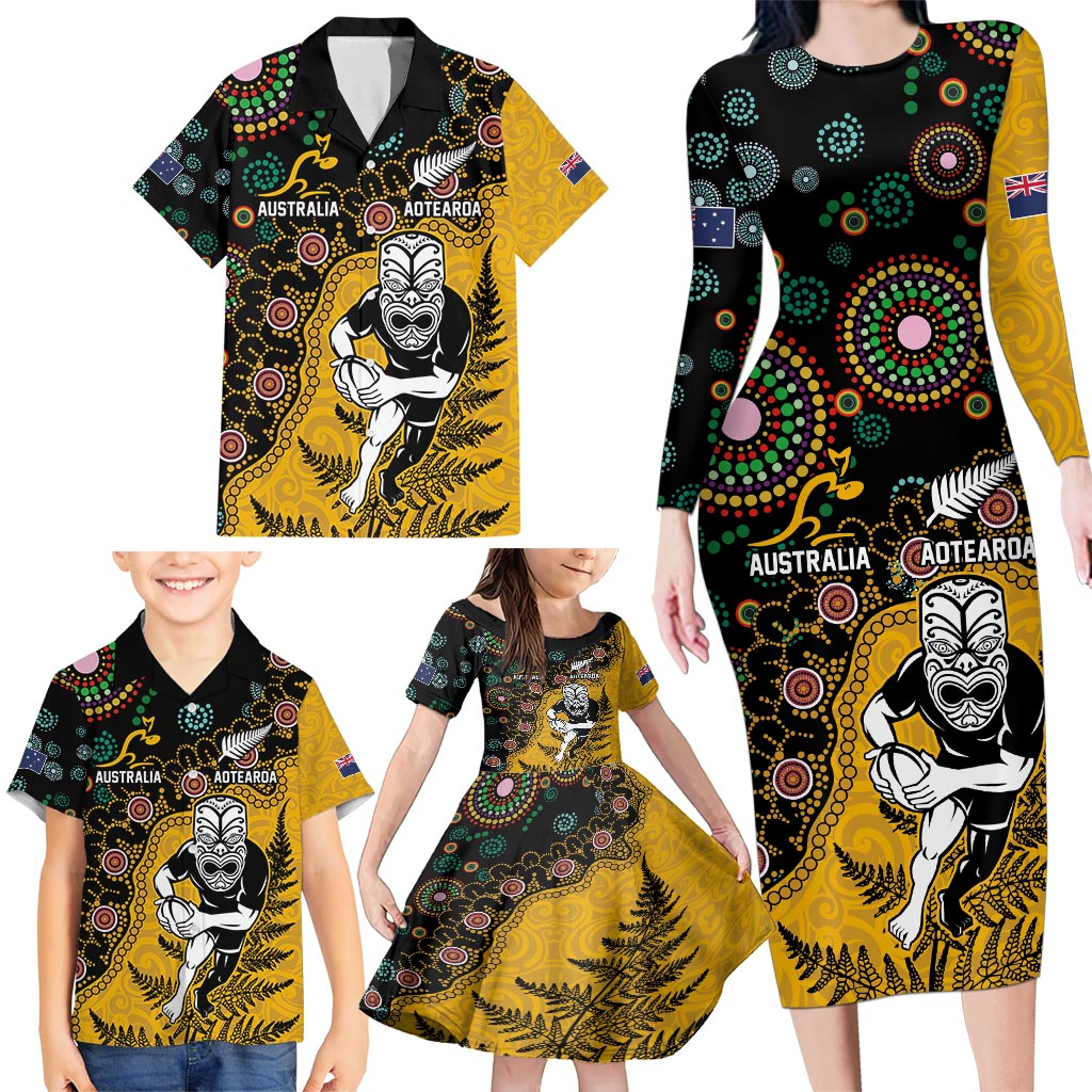 Custom New Zealand and Australia Rugby Family Matching Long Sleeve Bodycon Dress and Hawaiian Shirt Maori Warrior With Aboriginal Version