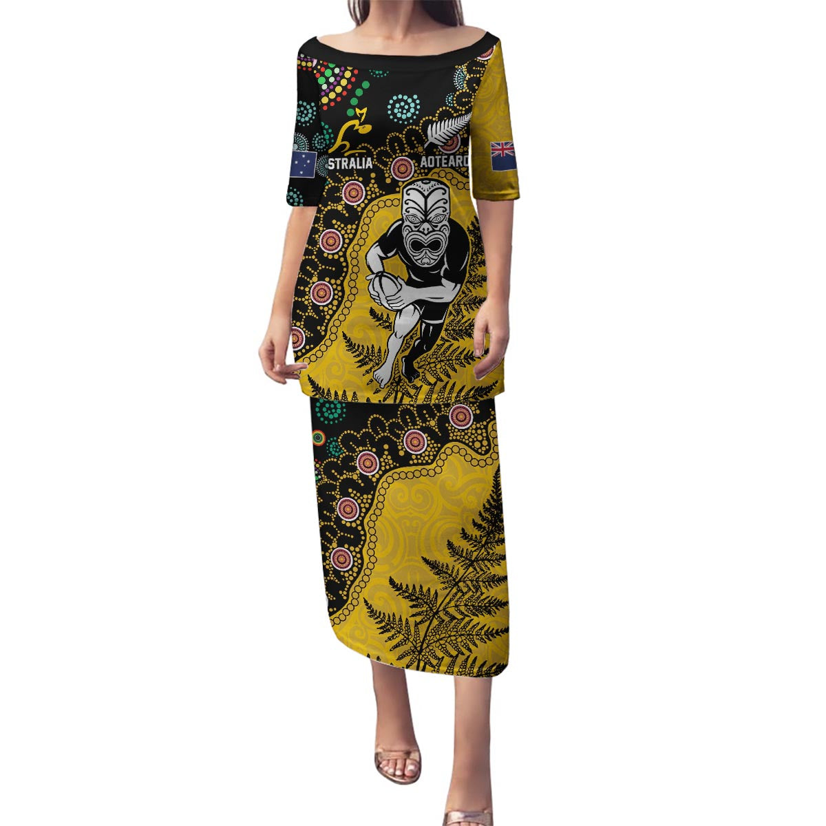 Custom New Zealand and Australia Rugby Family Matching Puletasi and Hawaiian Shirt Maori Warrior With Aboriginal Version